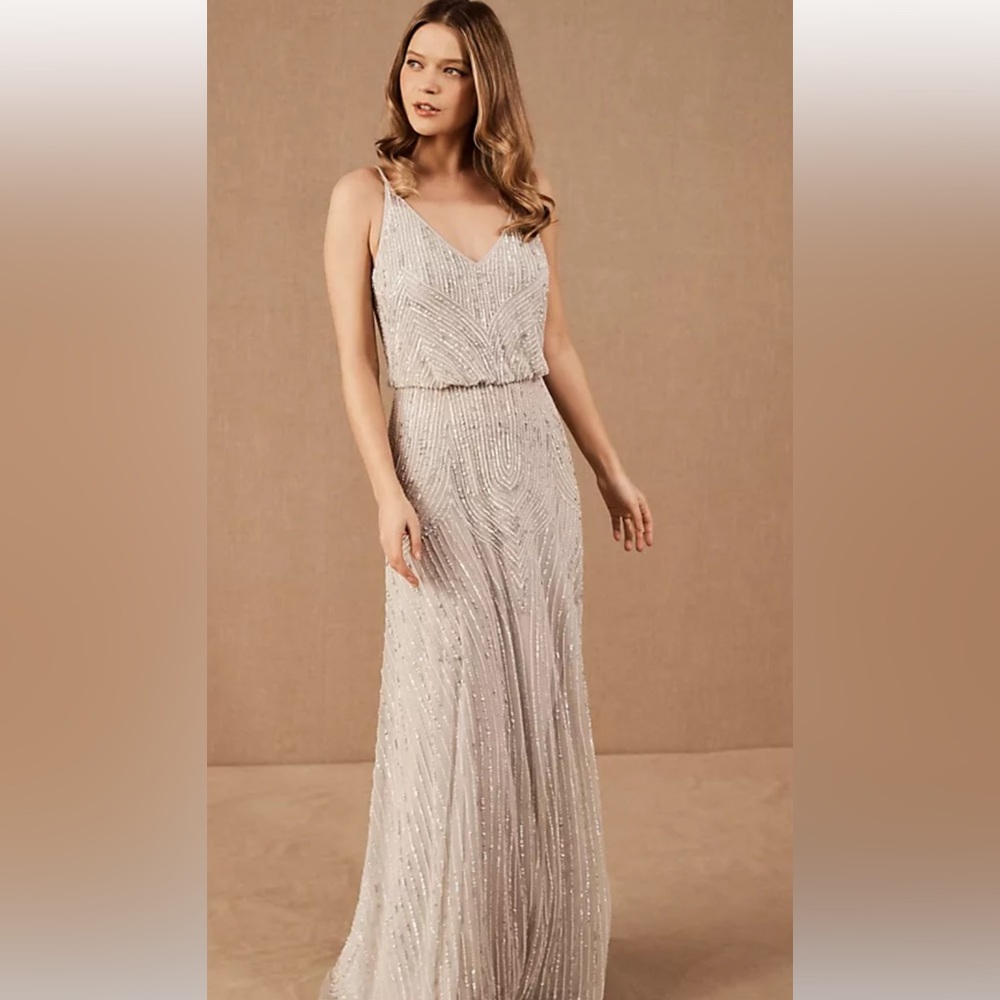 Anthropologie Silver Sequin Maxi Gown Scoop Neck Sleeveless